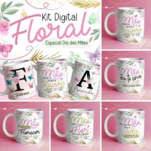 Estampas Caneca Dia das Mães Alfabeto Floral + Frases