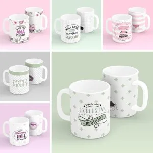 Estampas Caneca Dia dos Professores Coruja Frases Fofas Png 12 Várias canecas brancas com estampas temáticas decoradas para professores e figuras escolares diversas.