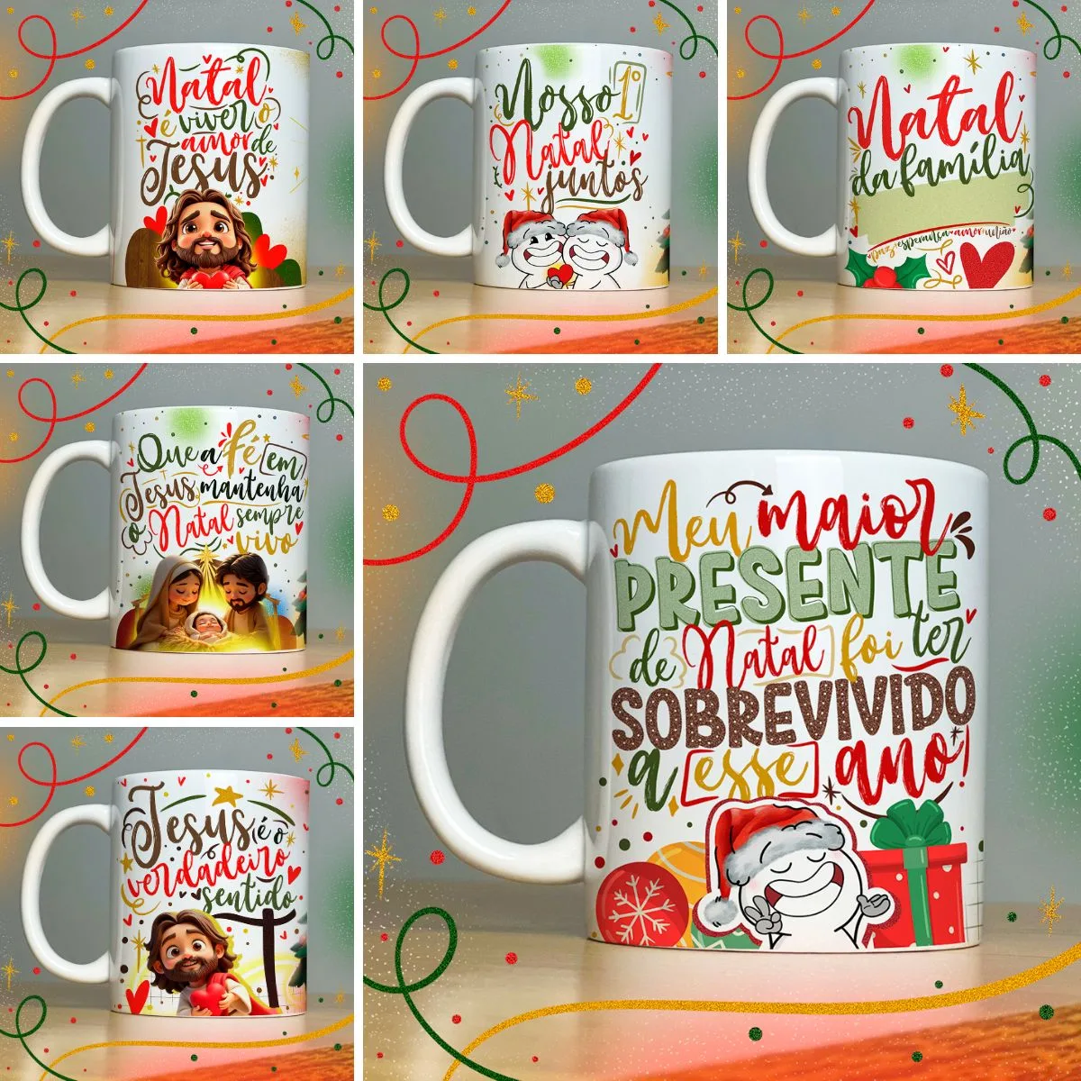 Estampas Caneca Natal Lindas Frases e Mensagens Natalinas 1 Seis canecas brancas estampadas com temas natalinos e frases decorativas coloridas.