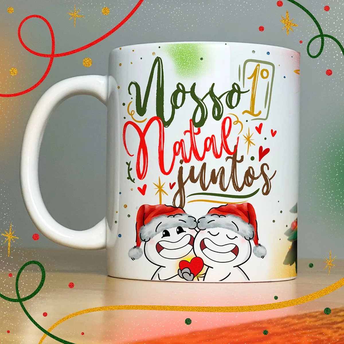 Estampas Caneca Natal Lindas Frases e Mensagens Natalinas 7 Caneca branca estampada com desenho natalino e personagens sorrindo.