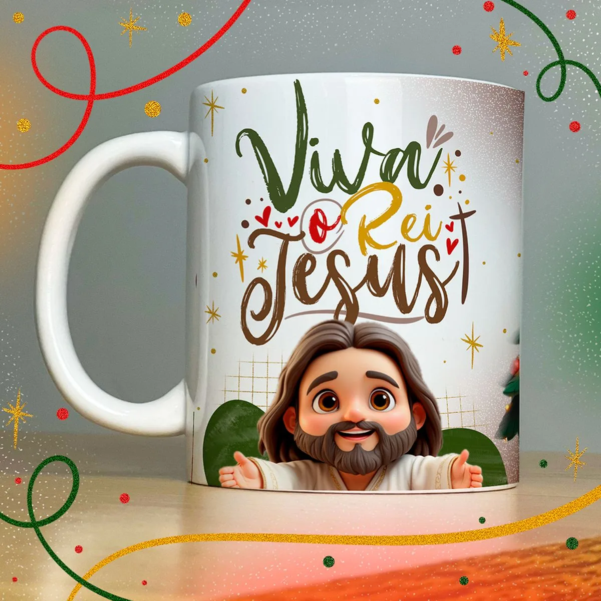 Estampas Caneca Natal Lindas Frases e Mensagens Natalinas 5 Caneca branca estampada com ilustração de personagem religioso e frase comemorativa.