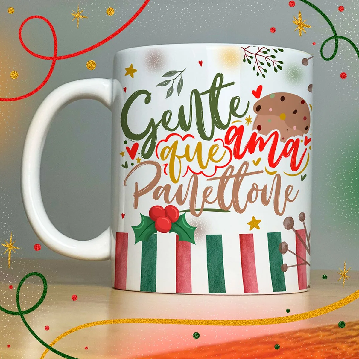 Estampas Caneca Natal Lindas Frases e Mensagens Natalinas 4 Caneca branca estampada com tema natalino, com frases coloridas e desenhos de panetone.