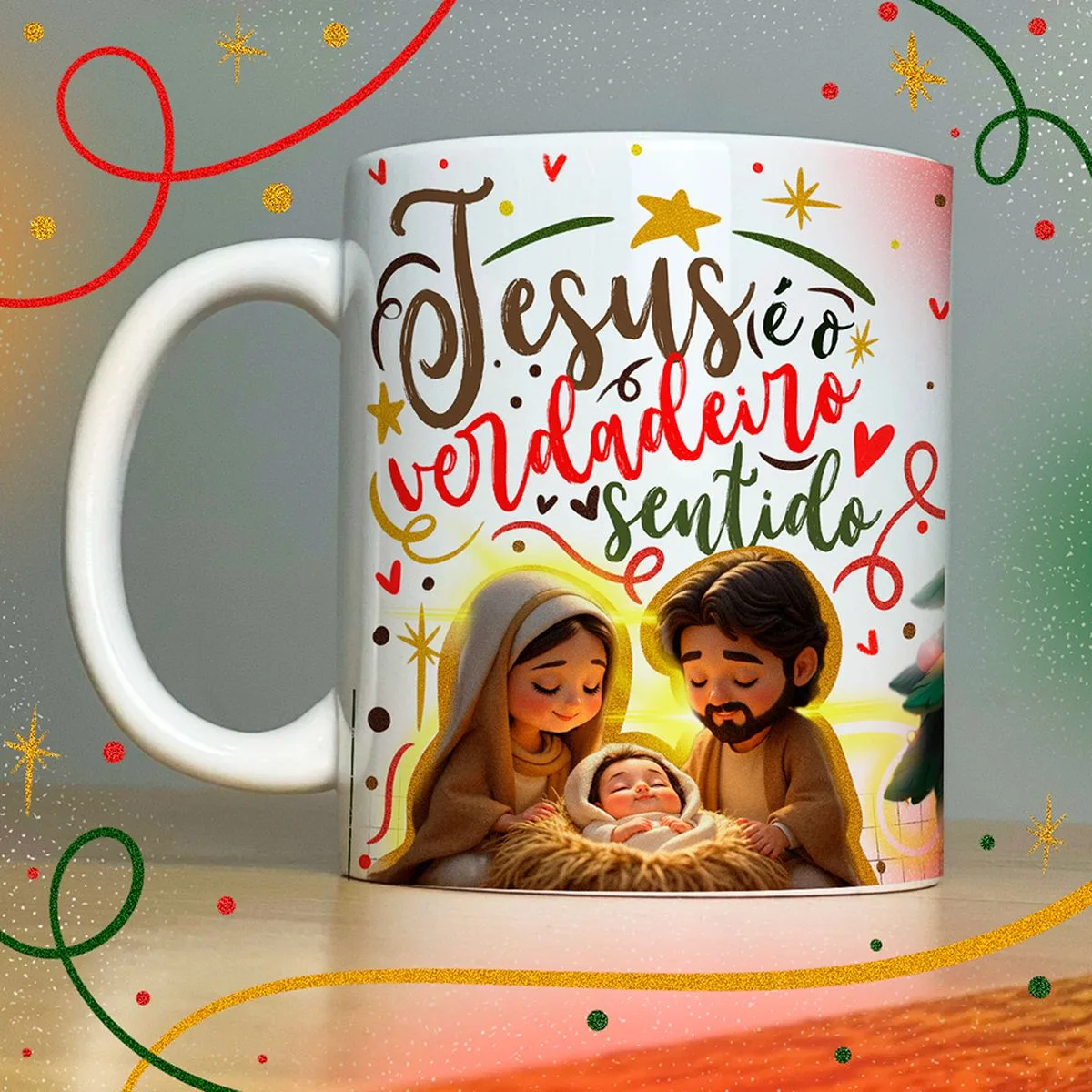 Estampas Caneca Natal Lindas Frases e Mensagens Natalinas 3 Caneca branca estampada com ilustração do nascimento e texto em português sobre natal.