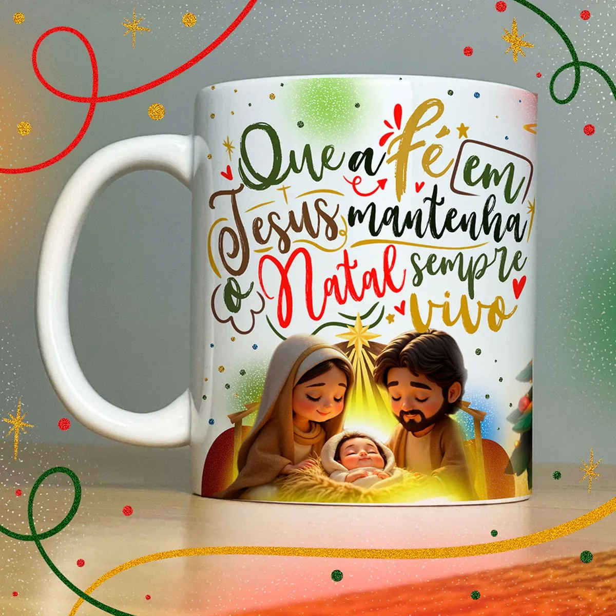 Estampas Caneca Natal Lindas Frases e Mensagens Natalinas 2 Caneca branca estampada com cena de manjedoura e frase natalina colorida.