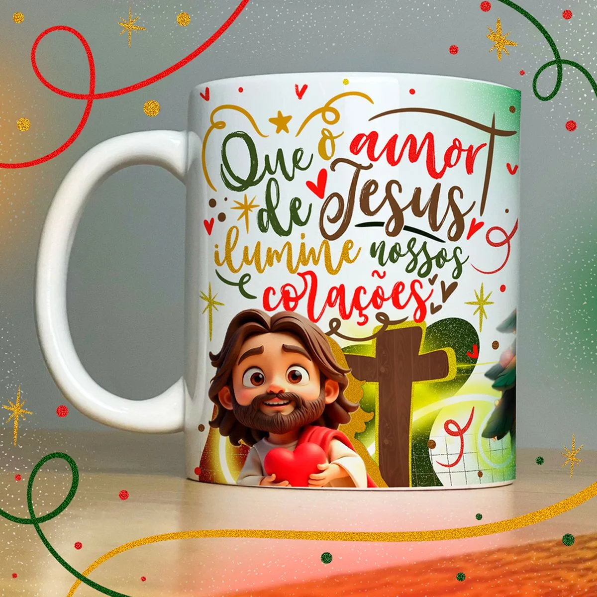 Estampas Caneca Natal Lindas Frases e Mensagens Natalinas 10 Caneca branca estampada com mensagem religiosa, figura ilustrada e elementos natalinos ao redor.