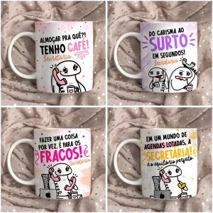 Estampas Caneca Secretária Flork Frases Arquivos Png 4 Quatro canecas brancas com desenhos de personagens e frases em português sobre secretárias.