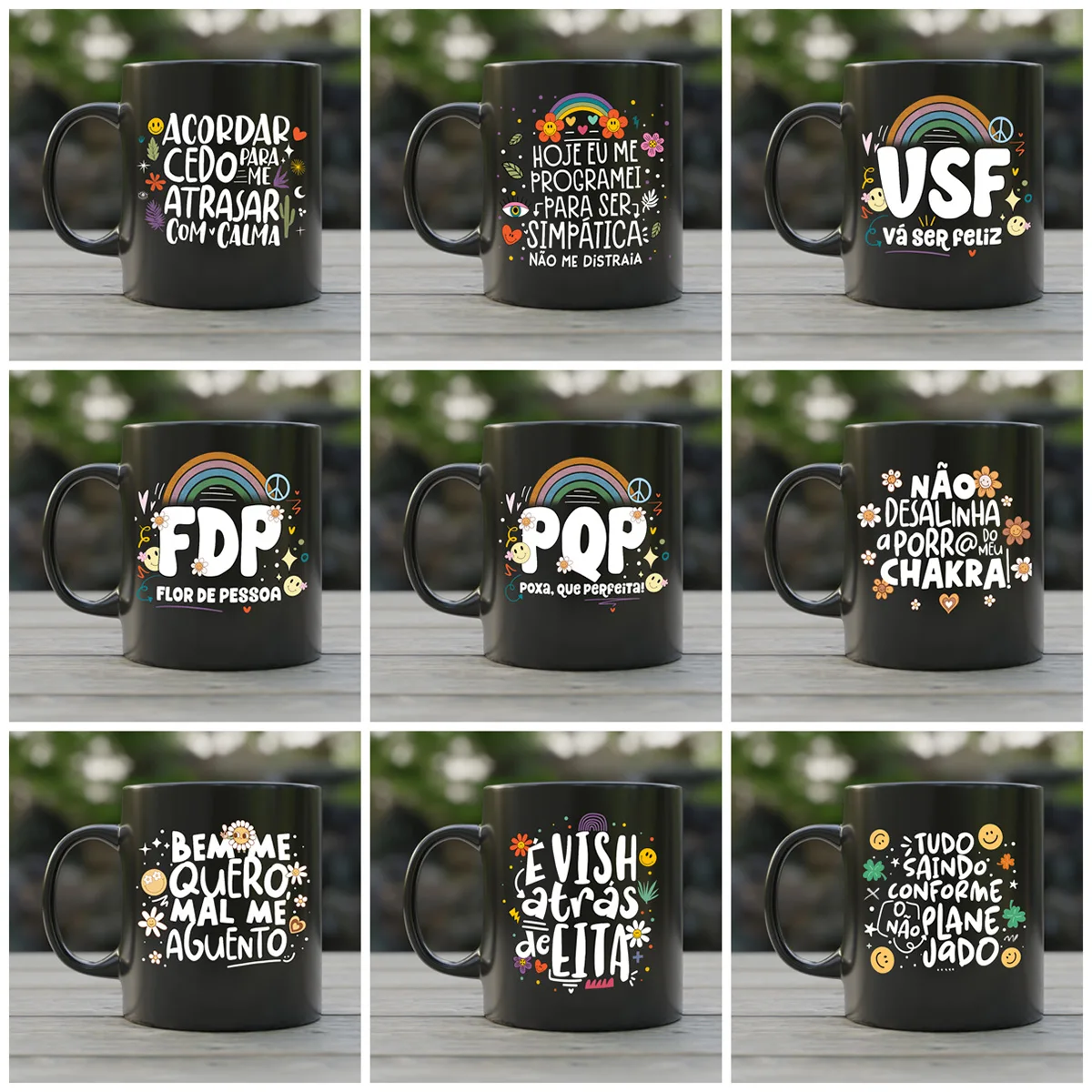 Estampas Caneca Vibes Vol.1 Frases Engraçadas Memes Irônicos 7 Nove canecas pretas com frases divertidas e desenhos coloridos em fundo de madeira.