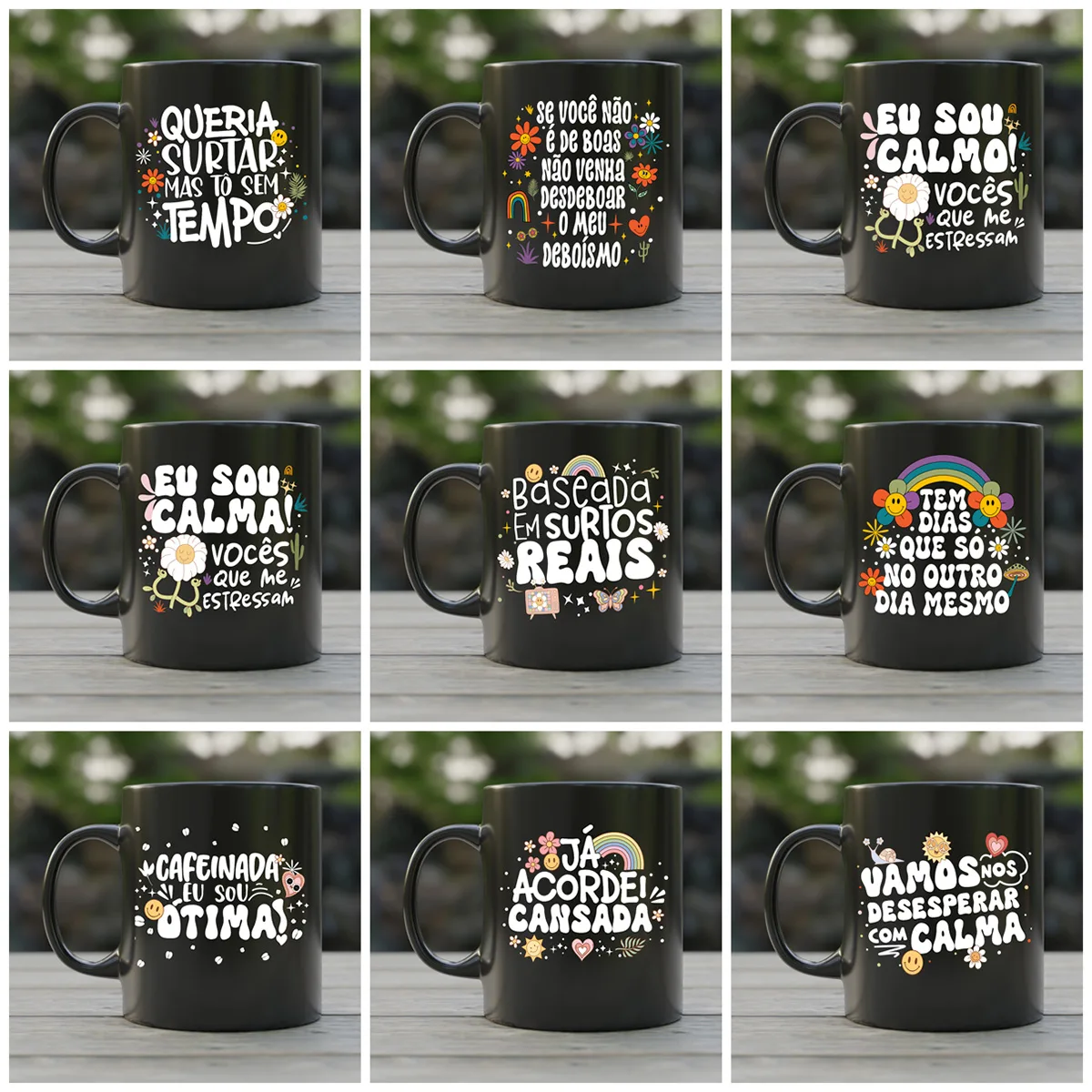 Estampas Caneca Vibes Vol.1 Frases Engraçadas Memes Irônicos 6 Coleção de canecas pretas com frases divertidas e ilustrações coloridas sobre fundo de madeira.