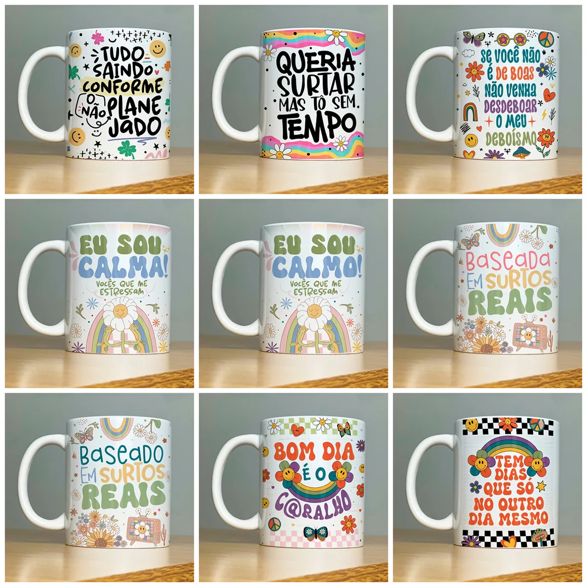 Estampas Caneca Vibes Vol.1 Frases Engraçadas Memes Irônicos 5 Coleção de canecas de cerâmica brancas com frases engraçadas e ilustrações coloridas variadas.