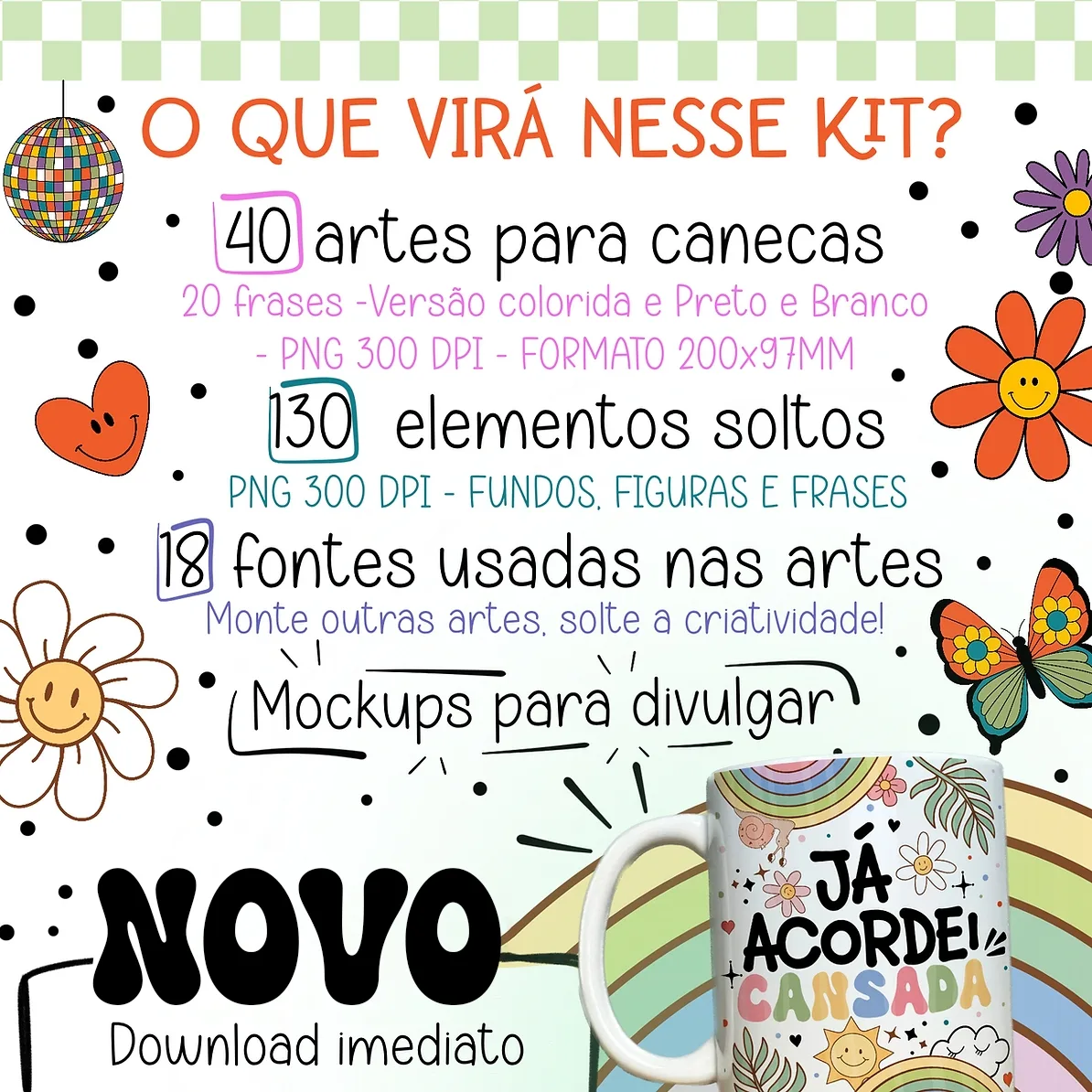 Estampas Caneca Vibes Vol.1 Frases Engraçadas Memes Irônicos 3 Anúncio digital com lista de itens inclusos para personalização de canecas decorativas.