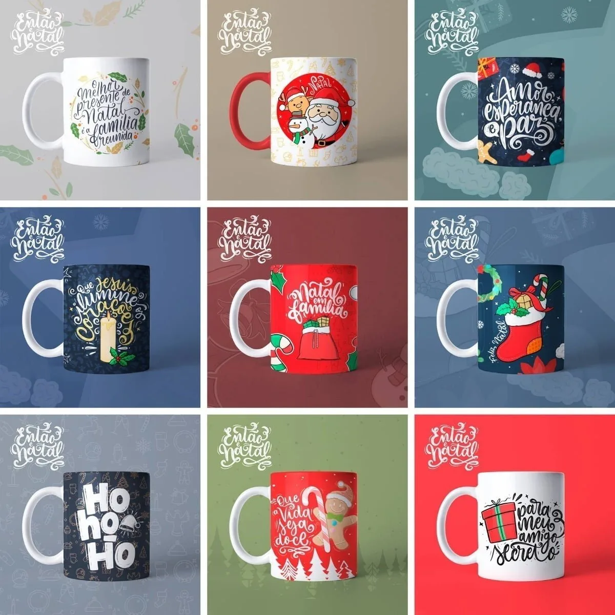 Nove canecas de cerâmica com estampas coloridas e ilustrações temáticas de Natal variadas.
