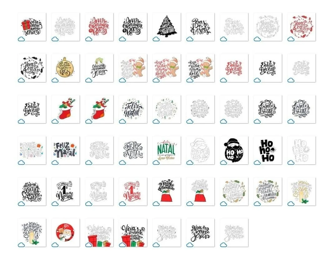 Conjunto de ícones e frases com temática de Natal em estilo gráfico.
