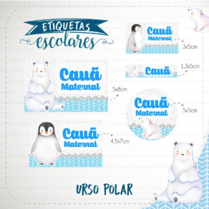 Conjunto de etiquetas escolares adesivas com ilustrações de ursos polares e pinguins.