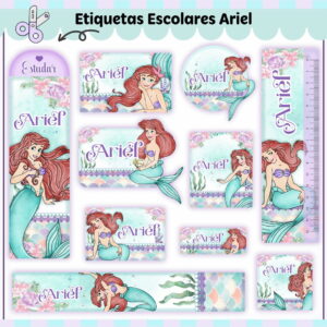 Etiqueta Escolar Ariel Menina Arquivo Digital Princesa 14 Arte digital de etiquetas escolares com sereia de cabelo vermelho em várias poses e formatos.