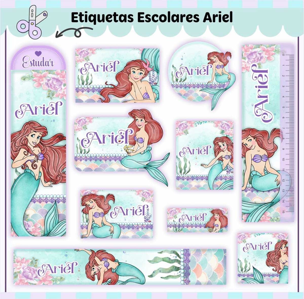 Etiqueta Escolar Ariel Menina Arquivo Digital Princesa 1 Arte digital de etiquetas escolares com sereia de cabelo vermelho em várias poses e formatos.