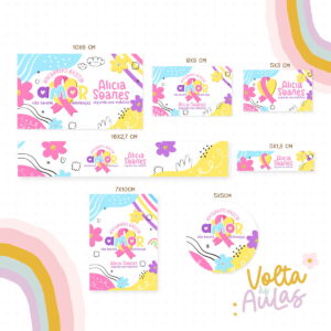Conjunto de artes digitais coloridas com laços e textos em vários tamanhos e formatos.