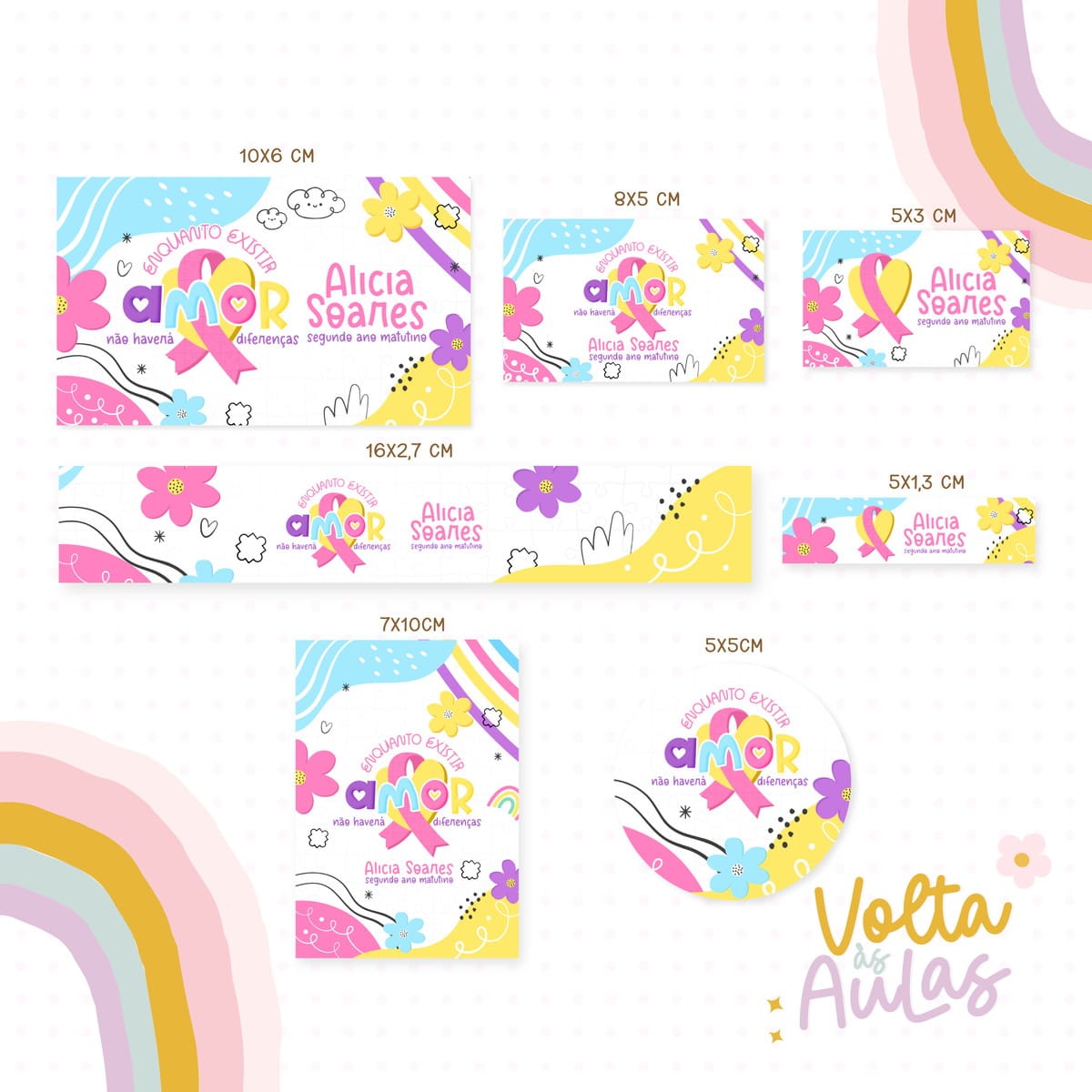 Etiqueta Escolar Autismo Menina Arquivo Digital PNG Studio 1 Conjunto de artes digitais coloridas com laços e textos em vários tamanhos e formatos.