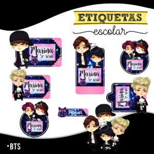 Etiqueta Escolar BTS Cute Arquivo Digital Personalizável 5 Arte digital de etiquetas escolares com personagens estilo chibi e tema musical.