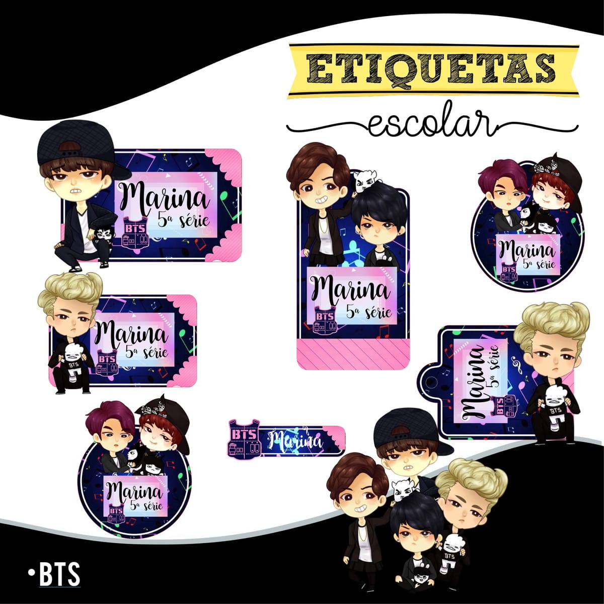Etiqueta Escolar BTS Cute Arquivo Digital Personalizável 1 Arte digital de etiquetas escolares com personagens estilo chibi e tema musical.