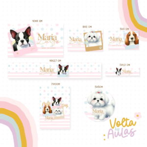 Etiqueta Escolar Cachorro Aquarela Arquivo Digital 35 Adesivos escolares digitais com temas de cachorrinhos e fundo rosa pastel com poás.