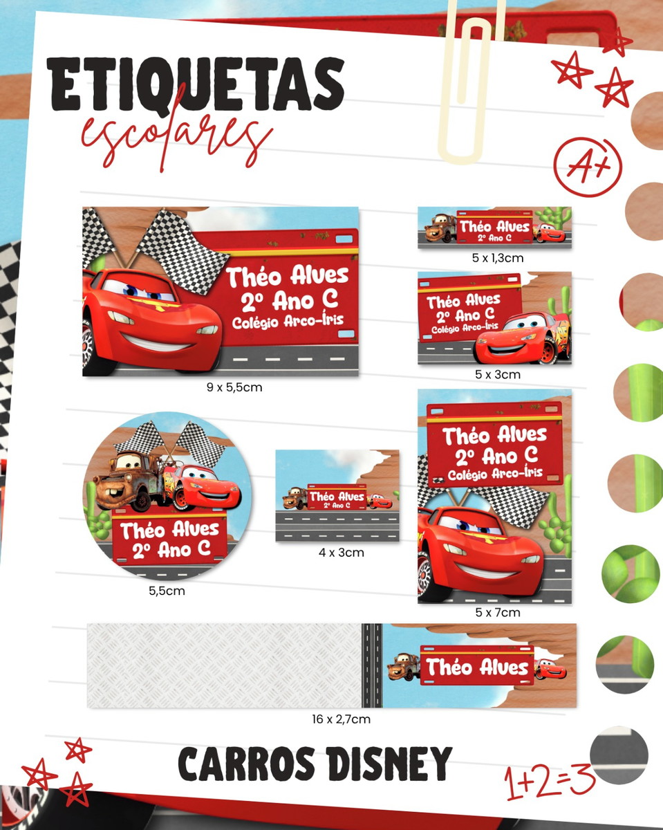 Baixe Etiquetas Escolares Carros Disney em PNG e PDF 1 Baixe Etiquetas Escolares Carros Disney em PNG e PDF