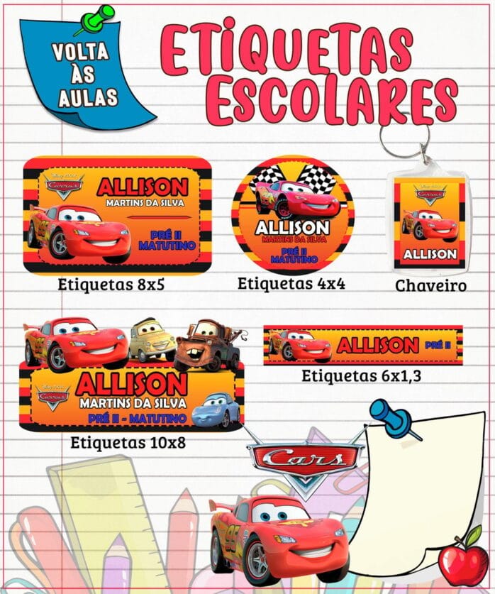 Etiqueta Escolar Carros Disney