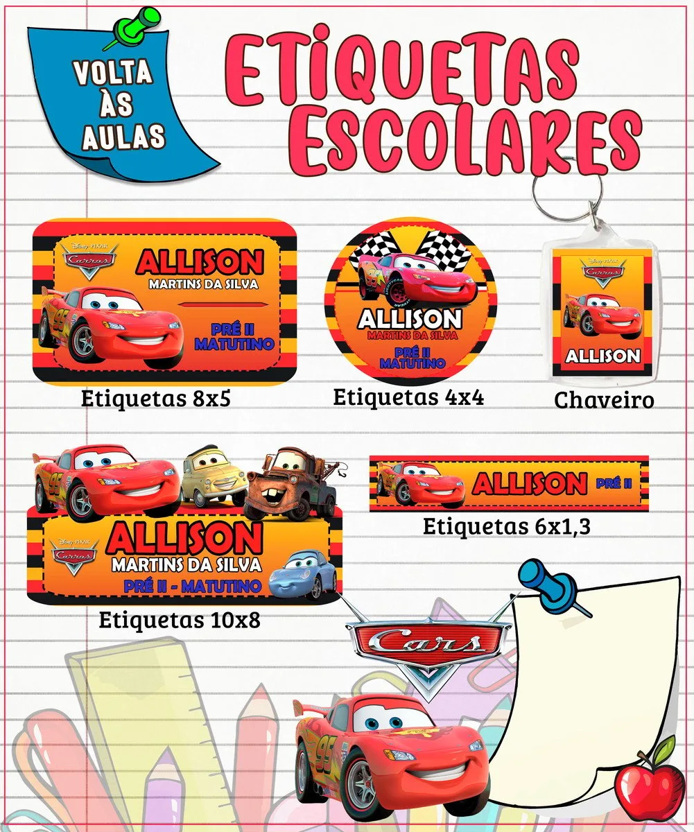Etiqueta Escolar Carros Disney