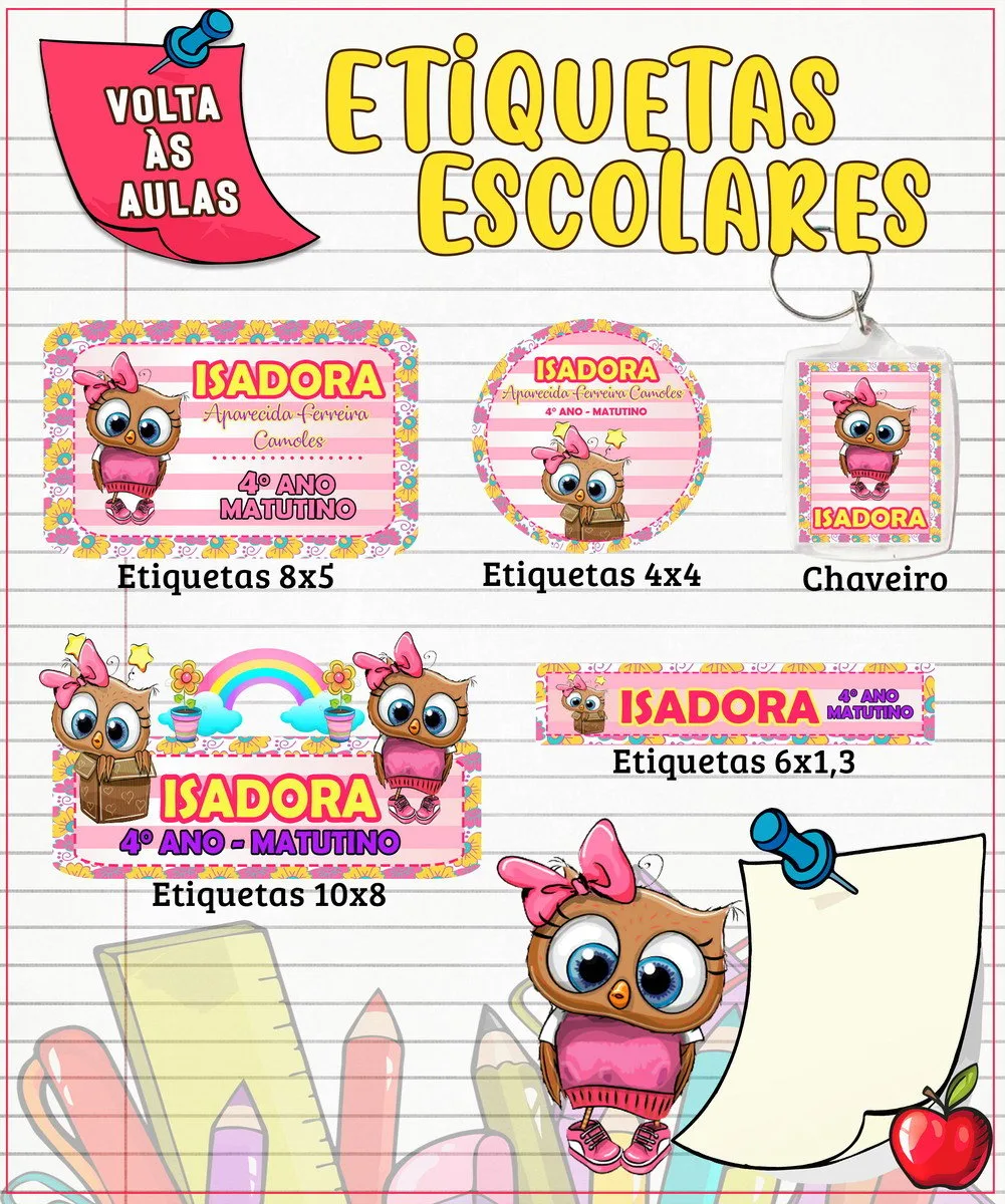 Etiqueta Escolar Corujinha 1 Coleção de etiquetas escolares personalizadas com desenhos de corujas em fundo de papel pautado