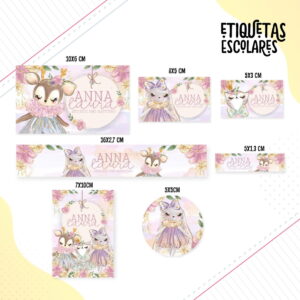 Conjunto de etiquetas escolares personalizadas com ilustrações delicadas de animais e flores