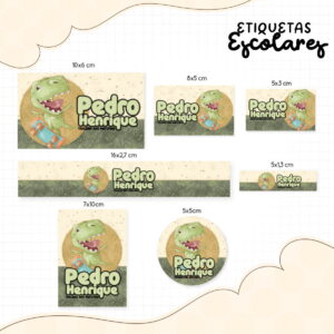 Etiqueta Escolar Dinossauro Baby Arquivo Digital 32 Conjunto de etiquetas escolares com tema de dinossauro skatista e texto personalizado.
