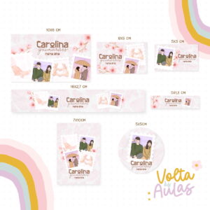Etiqueta Escolar Doramas Arquivo Digital para Imprimir 5 Arte digital com múltiplos designs de etiquetas personalizadas, tema romântico e texto.