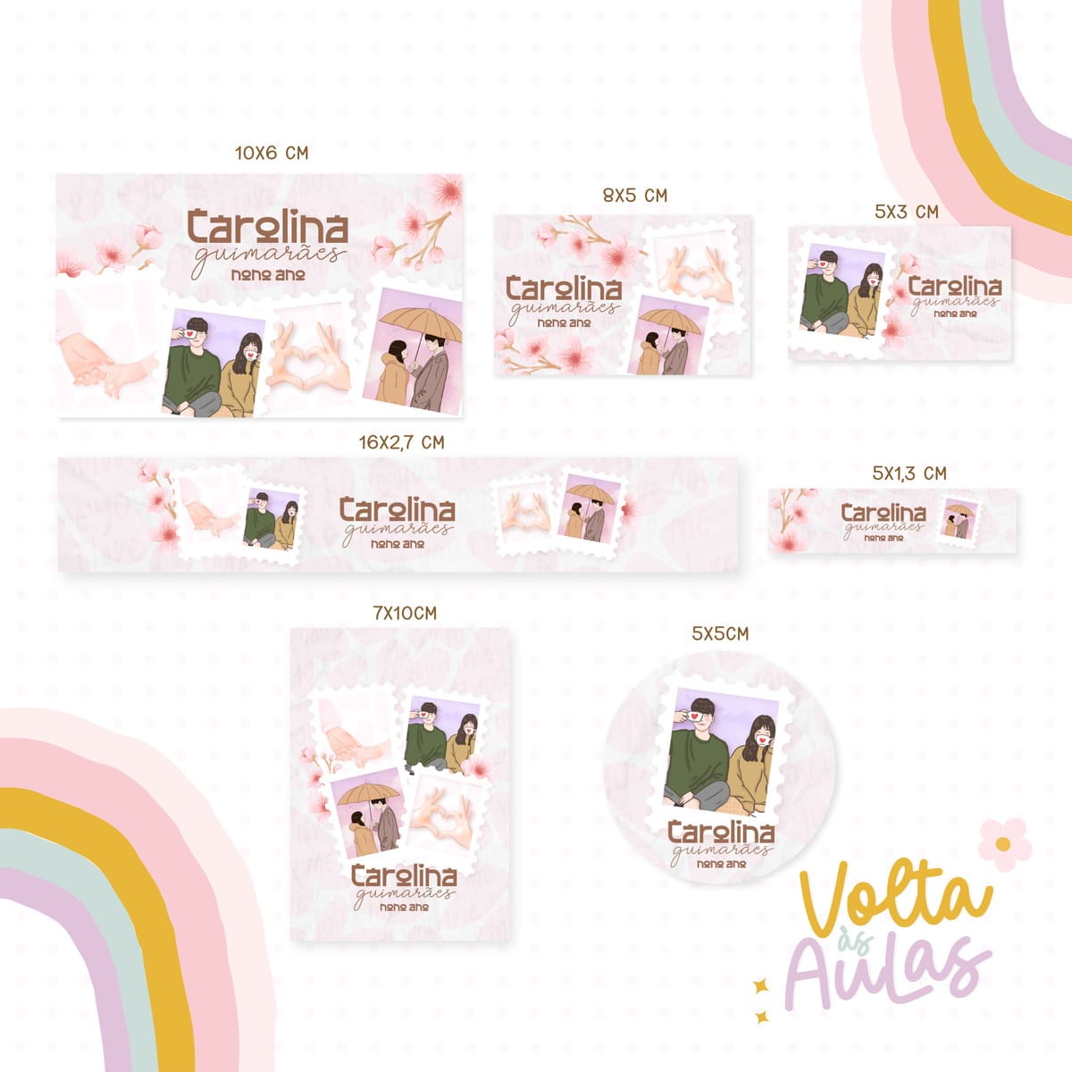 Etiqueta Escolar Doramas Arquivo Digital para Imprimir 1 Arte digital com múltiplos designs de etiquetas personalizadas, tema romântico e texto.