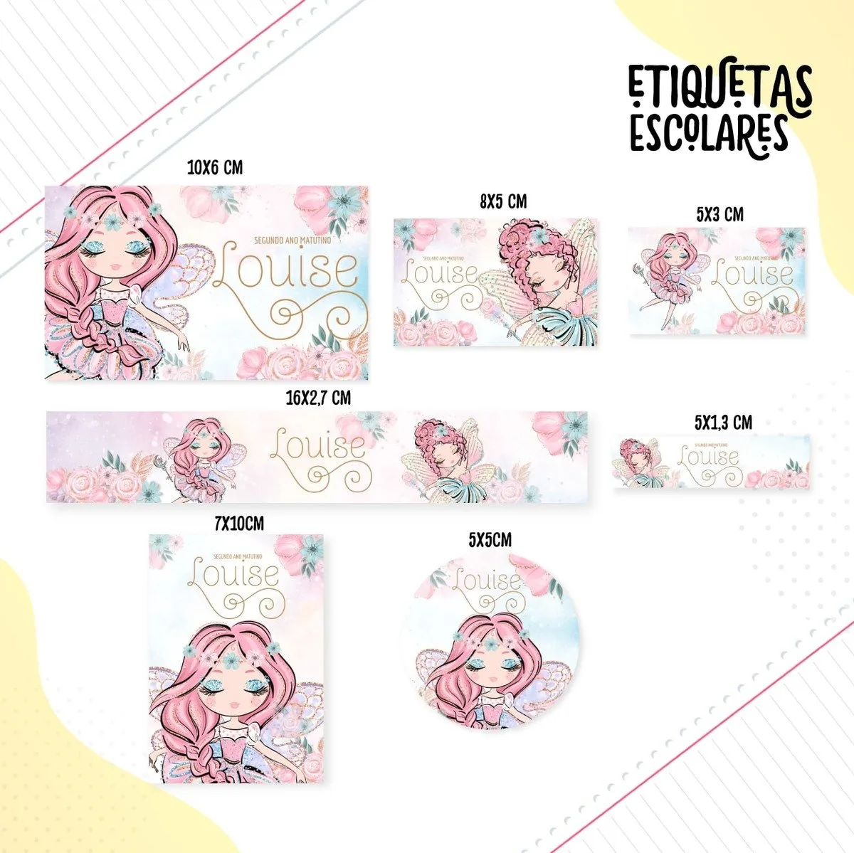 Etiqueta Escolar Fadas 1 Conjunto de etiquetas escolares personalizadas com ilustração de menina de cabelo rosa e flores.