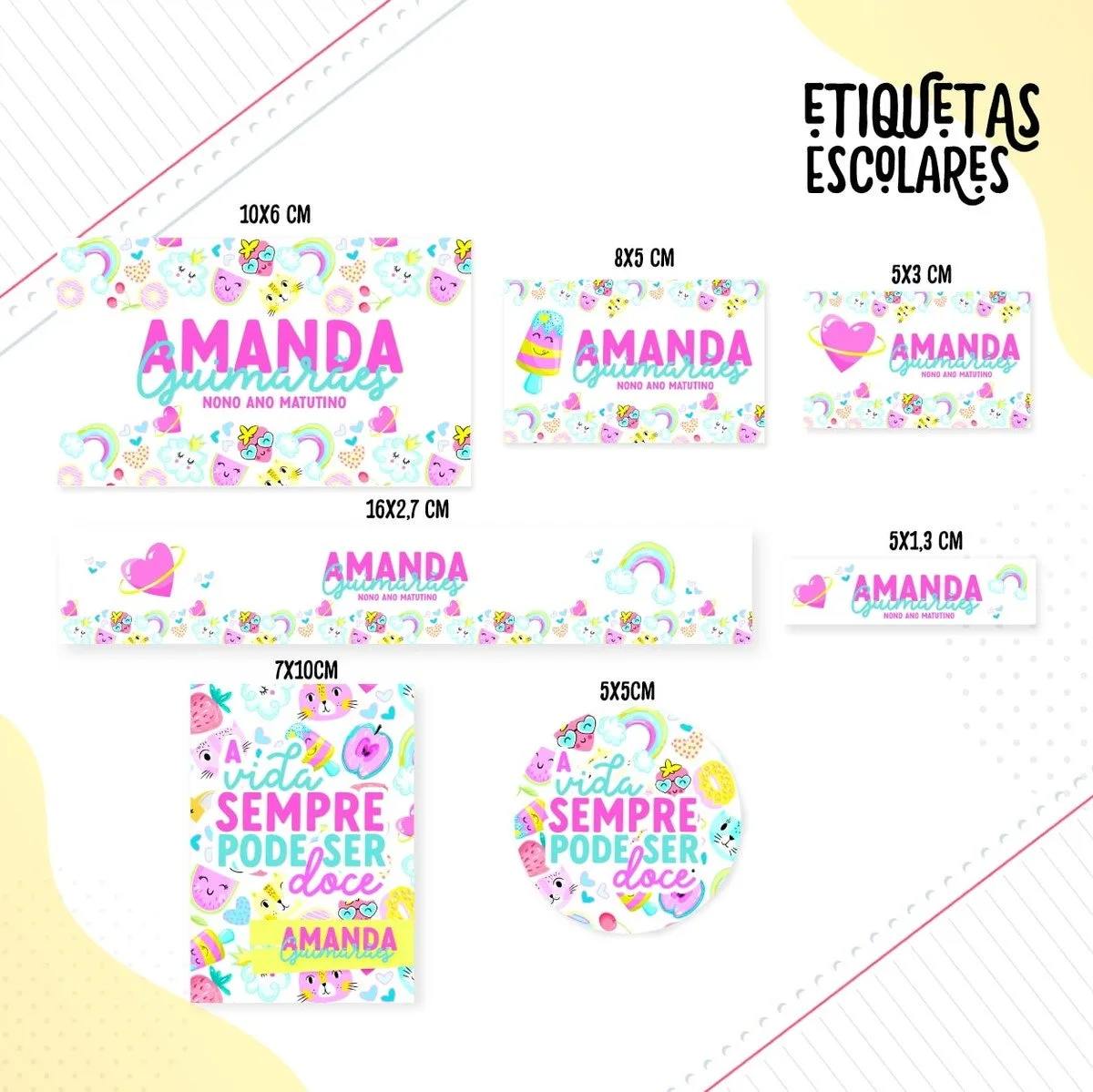 Coleção de etiquetas escolares personalizadas com desenhos coloridos e delicados em diversos formatos