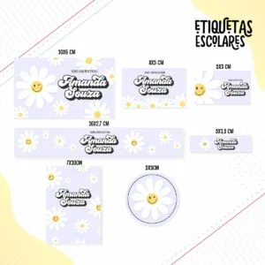 Etiqueta Escolar Floral Teen 17 Várias etiquetas escolares com estampa de margaridas e rostos felizes em fundo quadriculado lilás.