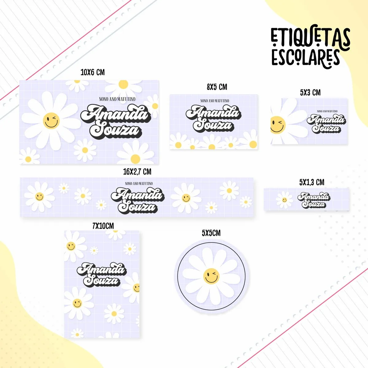 Várias etiquetas escolares com estampa de margaridas e rostos felizes em fundo quadriculado lilás.