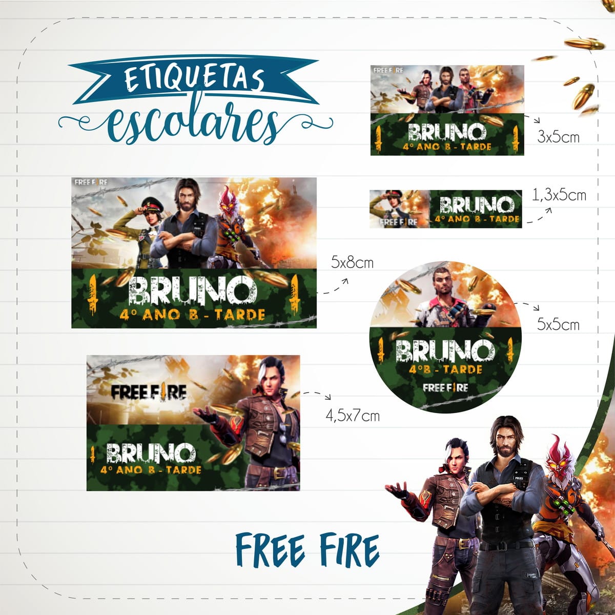 Etiqueta Escolar Free Fire Arquivo Digital Editavel 1 Arte digital de etiquetas escolares personalizadas com tema de jogo, em vários formatos e tamanhos.