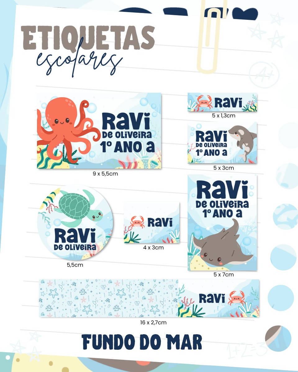 Etiquetas Escolares Fundo do Mar para Menino 1 Etiquetas Escolares Fundo do Mar para Menino