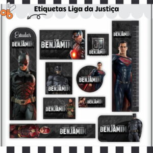 Arte digital: conjunto de etiquetas escolares com ilustrações de personagens heroicos.