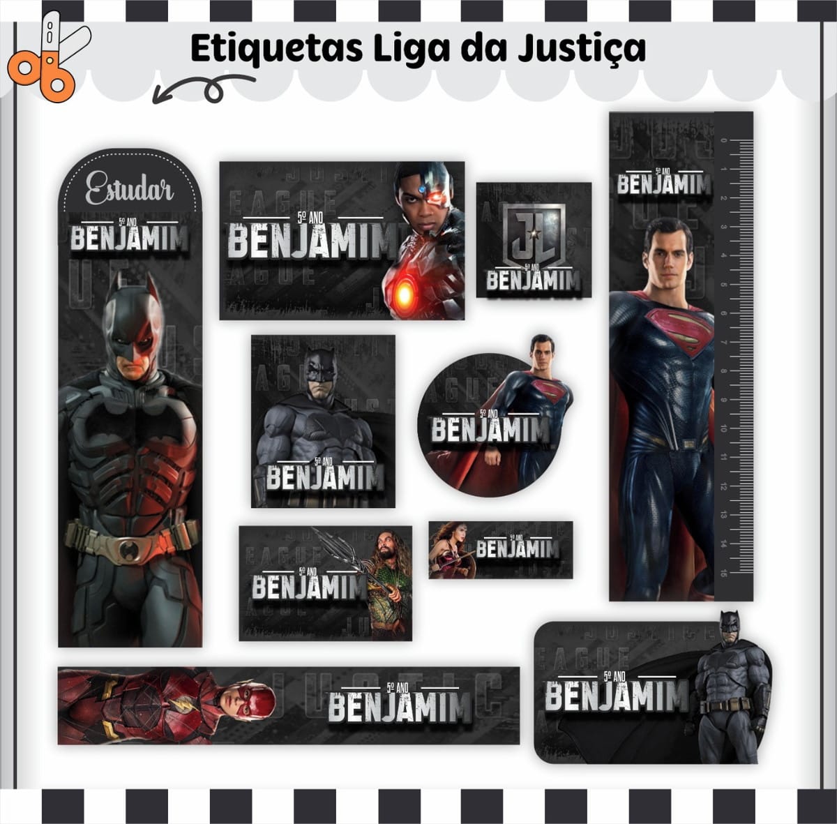Etiquetas Escolares da Liga da Justiça para Imprimir 1 Arte digital: conjunto de etiquetas escolares com ilustrações de personagens heroicos.