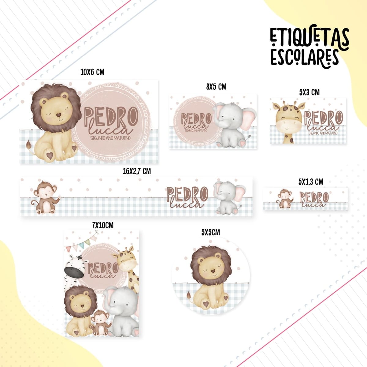 Etiqueta Escolar Menino Animais Fofos Arquivo Digital 1 Apresentação de etiquetas escolares com ilustrações de animais fofos em aquarela.