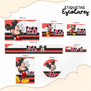 Etiqueta Escolar Mickey Vermelho Arquivo Digital Editável 5 Etiquetas escolares digitais com personagem de desenho animado em vários formatos e tamanhos.