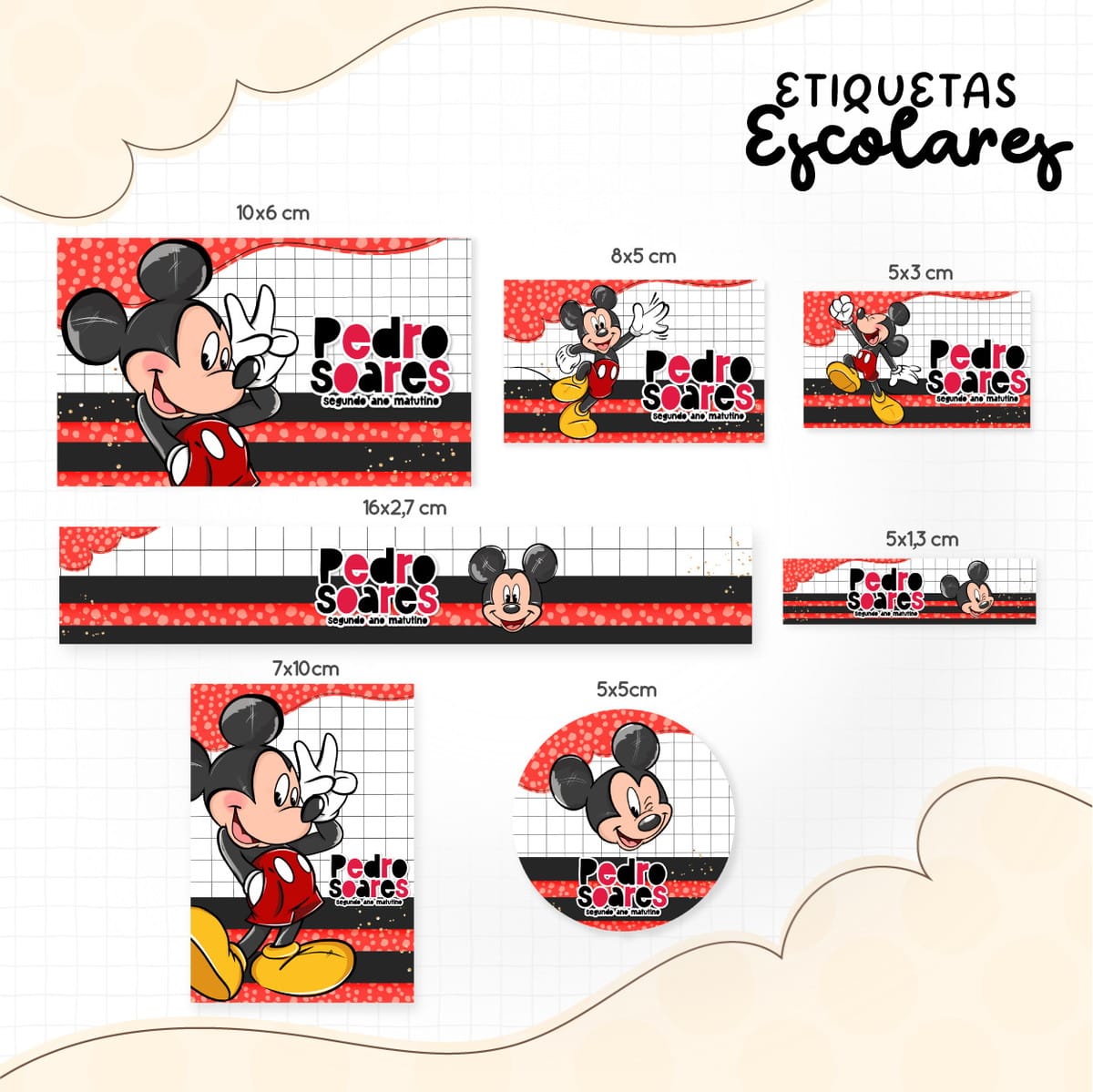 Etiqueta Escolar Mickey Vermelho Arquivo Digital Editável 1 Etiquetas escolares digitais com personagem de desenho animado em vários formatos e tamanhos.