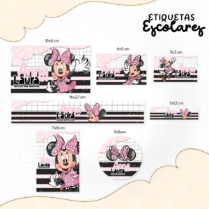 Etiqueta Escolar Minnie Rosa Digital Personalizável 14 Etiquetas escolares digitais com personagem feminina de desenho animado e texto personalizado.