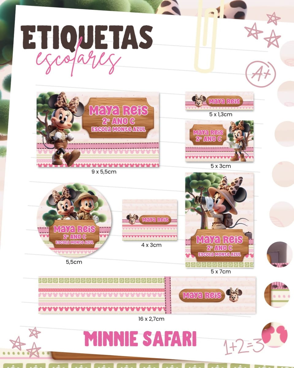 Etiqueta Escolar Minnie Safari Arquivo Digital PNG PDF 1 Amostras de etiquetas escolares personalizadas com o tema safari e ratinha.