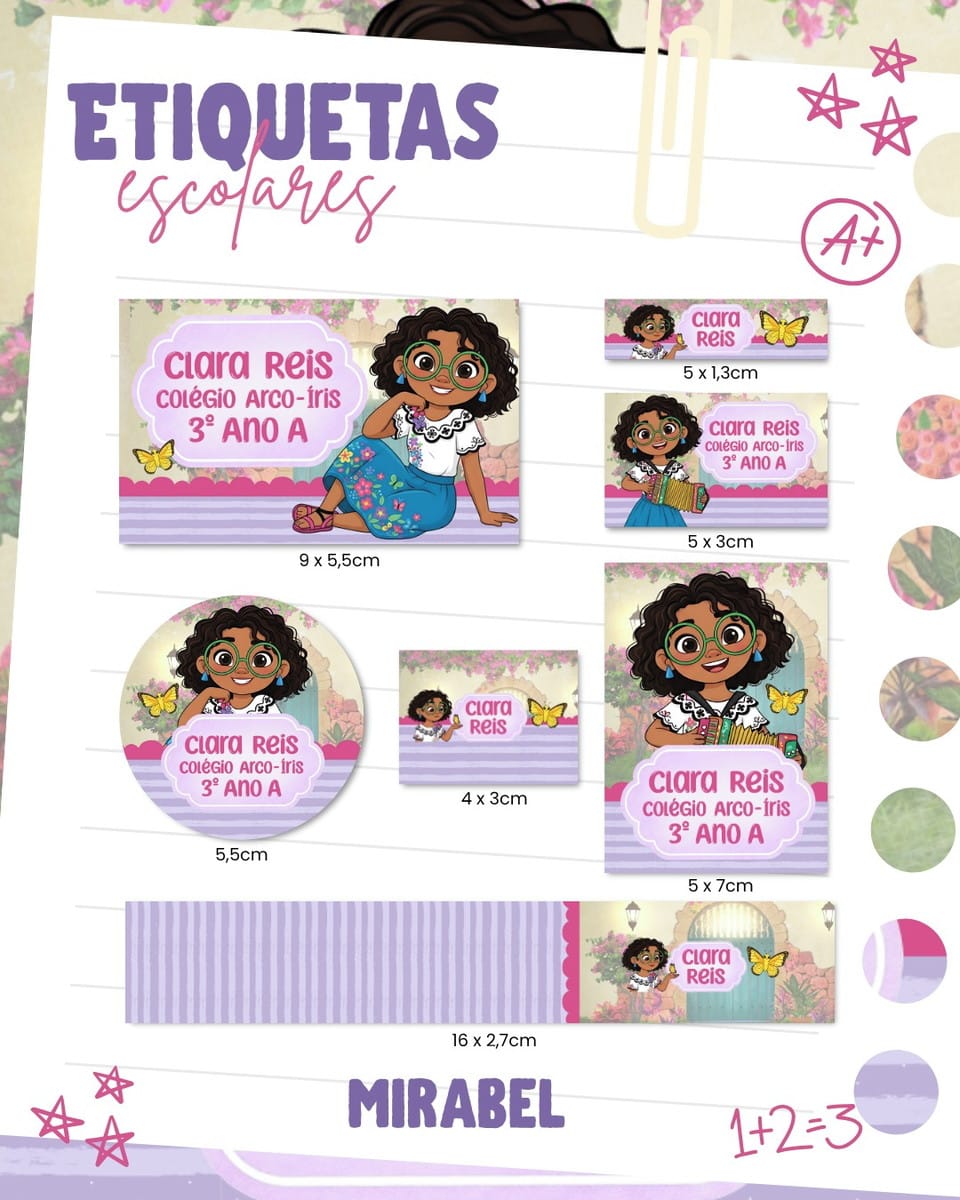 Etiqueta Escolar Mirabel Encanto Arquivo Digital PNG PDF 1 Folha com diversas etiquetas escolares coloridas com tema de personagem de óculos