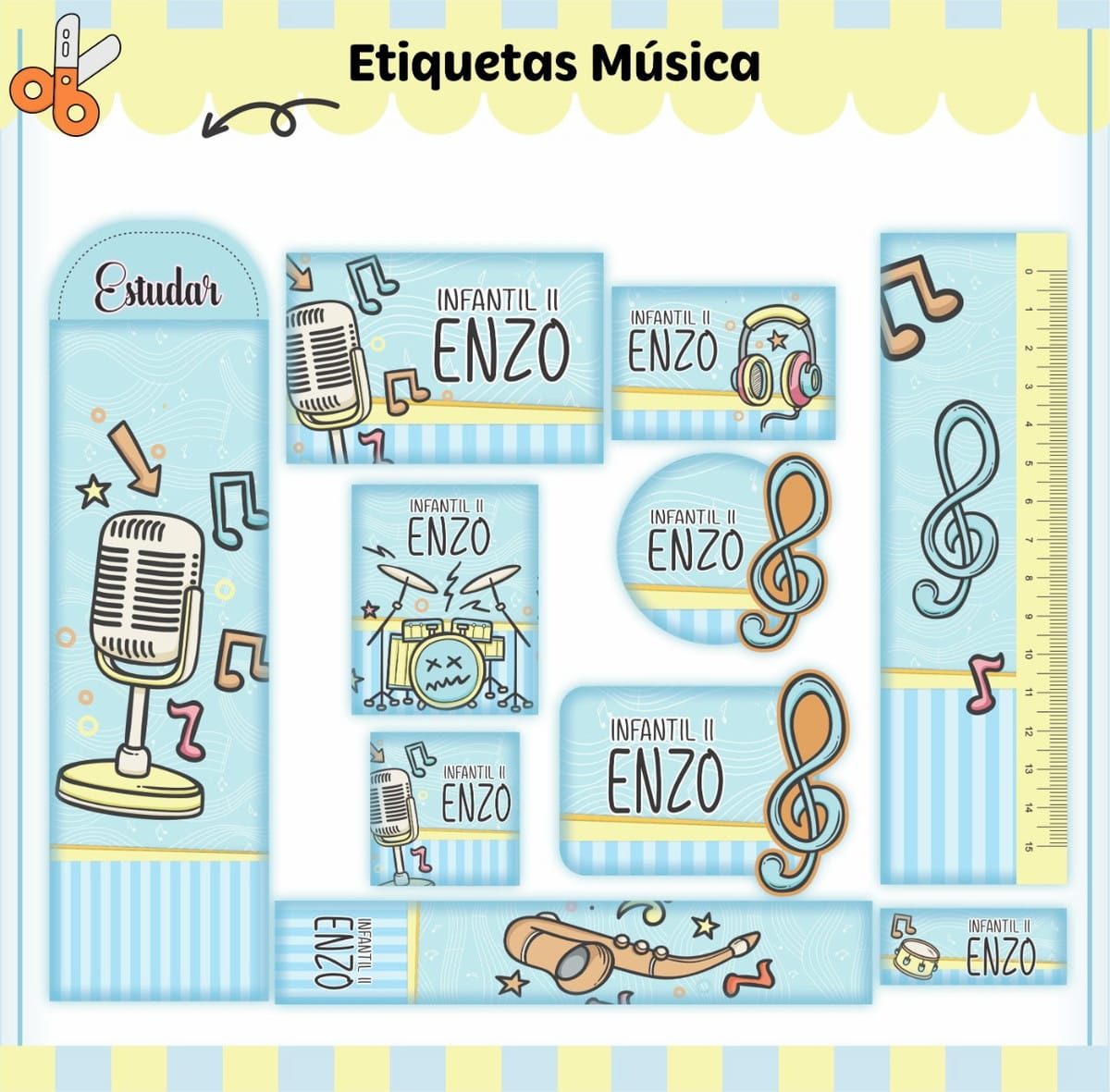 Etiqueta Escolar Música Personalizada Enzo Arquivo Digital 1 Conjunto de etiquetas adesivas personalizadas com tema de instrumentos musicais e notas musicais.