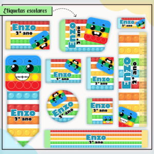 Coleção de etiquetas escolares personalizadas com estampas coloridas e desenho de brinquedo sensorial.