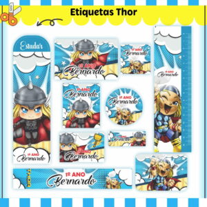 Etiqueta Escolar Thor Arquivo Digital para Personalizar 10 Etiquetas digitais variadas com personagem Thor e texto "1º ANO Bernardo".