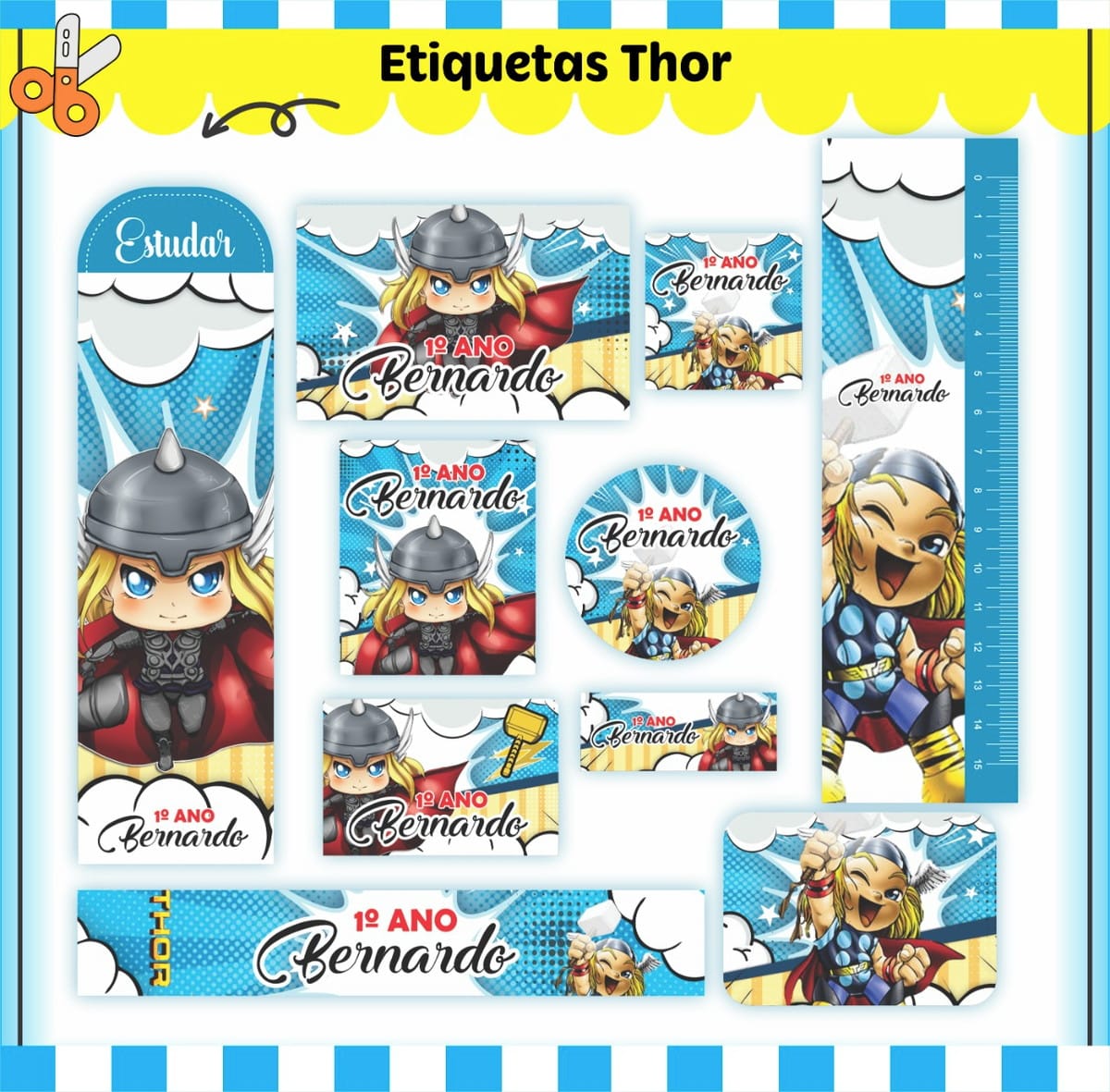 Etiqueta Escolar Thor Arquivo Digital para Personalizar 1 Etiquetas digitais variadas com personagem Thor e texto "1º ANO Bernardo".